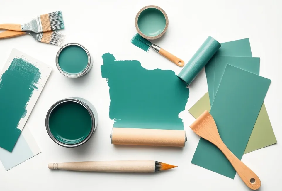 Pots de peinture, nuancier, brosses et rouleaux disposés à plat