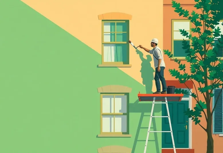 Peintre sur échafaudage traitant la façade d'une maison